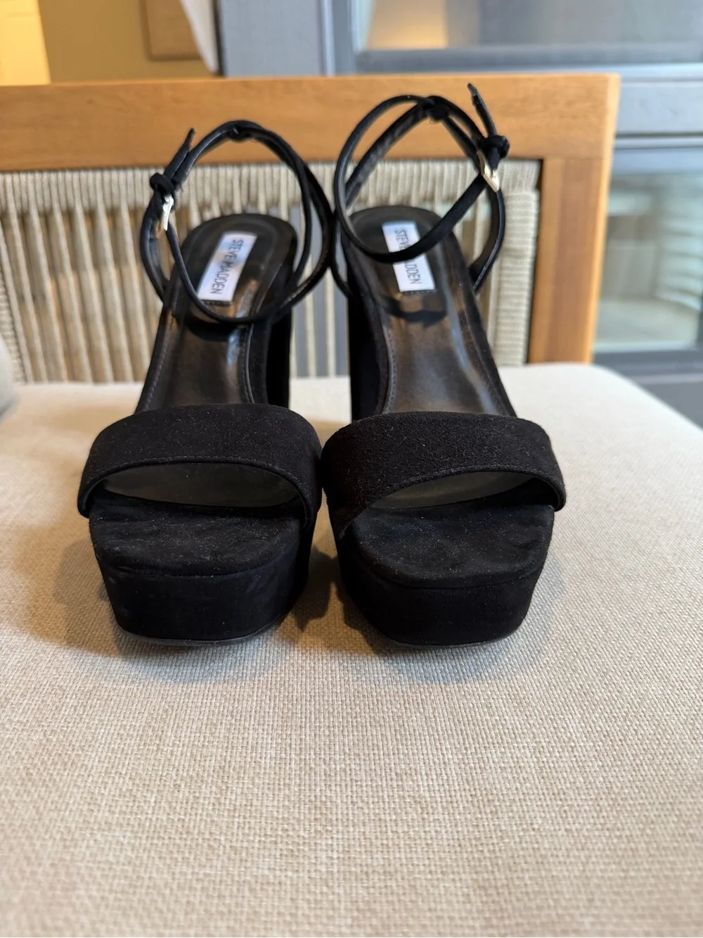 Steve Madden Black Suede Platform Block Heel Sandals with Ankle Strap